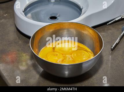 Separated yolk from protein in bowl to make pie. Stock Photo