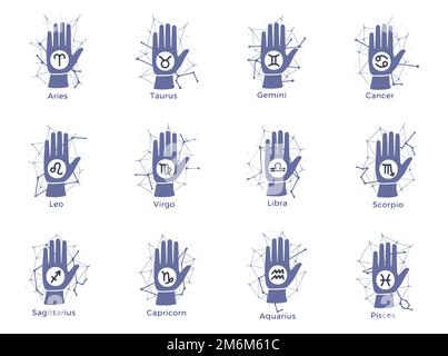 Hands with zodiac signs and constellation doodle design. Horoscope fortune telling art. Stock Photo