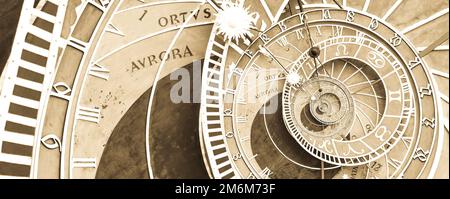 Droste effect background based on Prague astronomical clock. Abstract design for concepts related to astrology and fantasy. Stock Photo