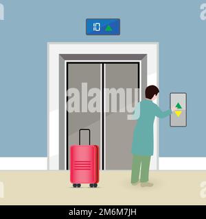 Man with luggage calling the elevator Stock Vector