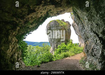 The natural stone bridge or arch at Happurg is a wonder of nature and was formed by erosion. Stock Photo