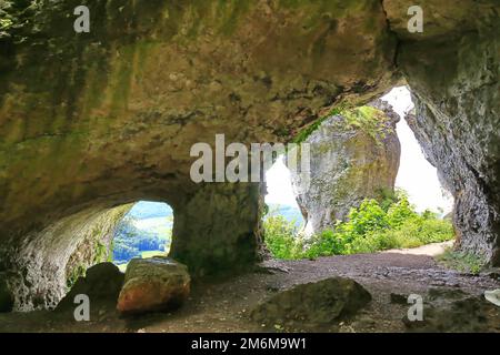 The natural stone bridge or arch at Happurg is a wonder of nature and was formed by erosion. Stock Photo