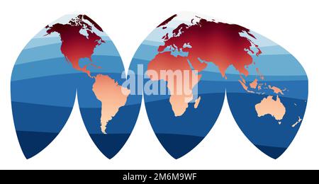 World Map Vector. Boggs' interrupted eumorphic projection. World in red-orange gradient on deep blue ocean waves. Beautiful vector illustration. Stock Vector
