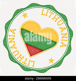 Lithuania heart flag logo. Country name text around Lithuania flag in the shape of a heart. Creative vector illustration. Stock Vector
