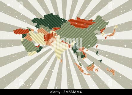 Vintage map of Asia. Grunge sunburst around the continent. Black Asia ...