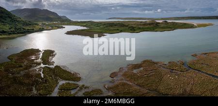 A panorama drone landscape view of Loughros Beg Bay and Maghera Beach near Ardara in Country Donegal in northwestern Ireland Stock Photo