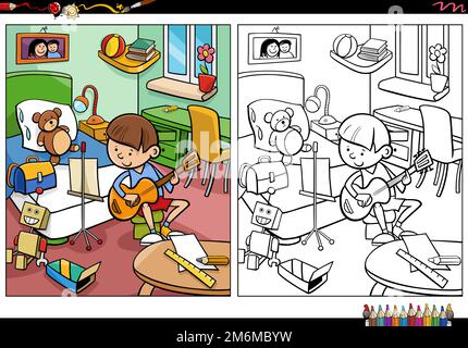 Cartoon boy playing guitar in his room coloring page Stock Photo