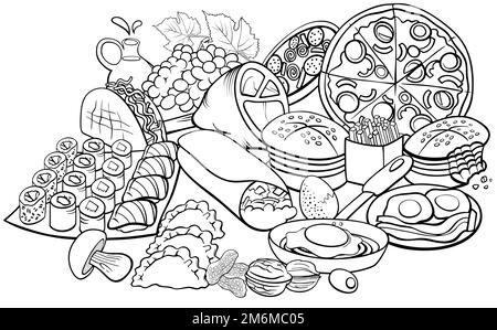 Food objects and dishes group cartoon coloring page Stock Photo