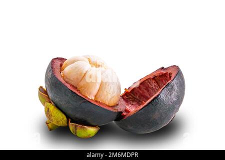 Closeup view of half cut mangosteen isolated on white background. Stock Photo