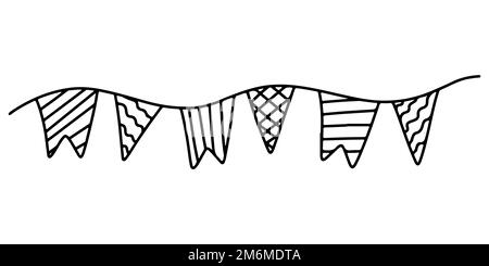 Garland of flags in hand drawn doodle style illustration. Vector. Holiday decoration. Contour black and white Stock Vector