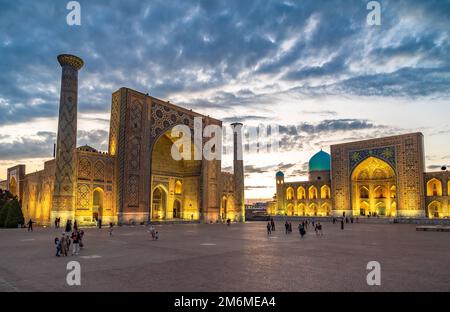 Panoramic view of Registan square, Samarkand, Uzbekistan with three madrasahs: Ulugh Beg, Tilya Kori and Sher-Dor Madrasah. Stock Photo