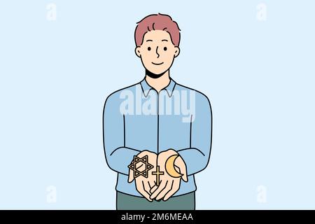 Smiling man holding different religions symbols in hands. Concept of interreligious signs. Christianity, islam and Judaism. Vector illustration.  Stock Vector