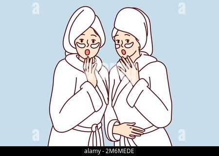 Two frightened women dressed in white shower robes opening mouths. Girl friends with masks on faces and towels on wet hair are shocked after learning news from yellow press. Flat vector image Stock Vector