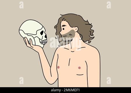 Neanderthal man holding in arms talking to ancestor skull. Prehistoric male with ancient human head braincase in hands. Vector illustration.  Stock Vector