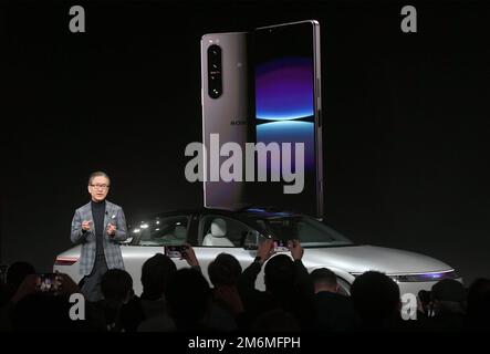 Chairman, President and CEO Sony Group Corporation Kenichiro Yoshida speaks during the CES 2023 media day at the Las Vegas Convention Center in Las Vegas, NV on January 4, 2023. (Photo by Bryan Steffy/Sipa USA) Stock Photo