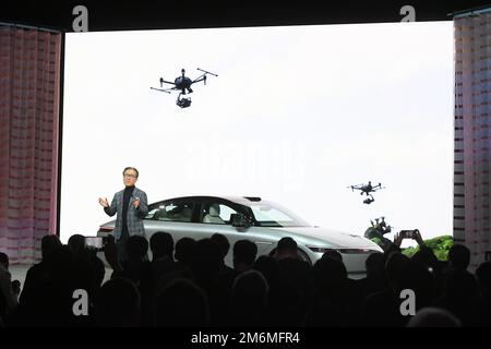 Chairman, President and CEO Sony Group Corporation Kenichiro Yoshida speaks during the CES 2023 media day at the Las Vegas Convention Center in Las Vegas, NV on January 4, 2023. (Photo by Bryan Steffy/Sipa USA) Stock Photo