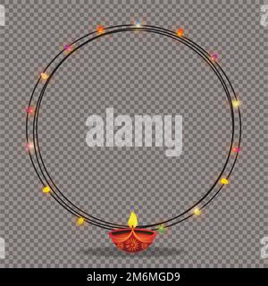 Illustration of holiday festive design background. Oil lamp with colorful lights round garland frame. Stock Vector