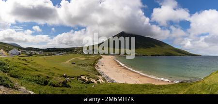 Panorama view of Dugort Beach and Doogort village on Achill Island in County Mayo of western Ireland Stock Photo