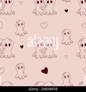 Romantic seamless pattern. Cute octopuses on light pink background with hearts. Vector illustration in doodle style. Endless background for valentines Stock Vector