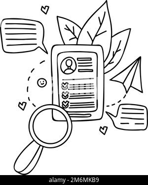 Job search. Consideration of resume and online interview. outline drawing. document of candidate for vacancy, Messages, correspondence, magnifier and Stock Vector