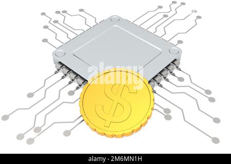 Computer chip and golden coin isolated Stock Photo