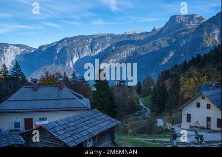 Hallstatt,Austria.View of the traditional chalet houses at the top of Hallstatt on the way to the salt tour. Stock Photo