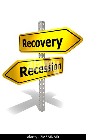 Road sign with recovery and recession word Stock Photo