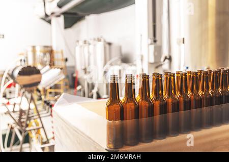 Line with empty brown beer bottles prepared for filling on microbrewery. Stock Photo