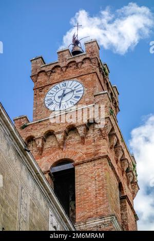 PIENZA, TUSCANY, ITALY - MAY 19 : Clock tower in Pienza Tuscany on May 19, 2013 Stock Photo