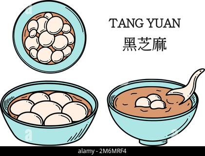 Translation from Chinese Sweet dumpling soup Tang yuan vector illustration. Chinese New year dessert tangyuan in doodle style. Stock Vector