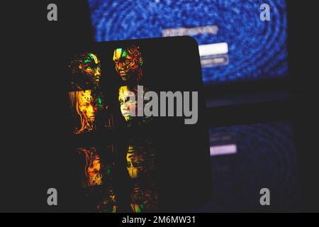 Midjourney on PC screen. Midjourney is artificial intelligence which creates ����ϵ�� from textual descriptions Stock Photo