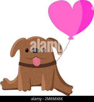 Cute valentine cartoon dog with a pink heart balloon. Vector illustration for card, poster, flyer or social. Stock Vector