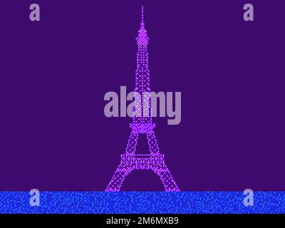Landscape with Eiffel Tower in pixel art style. 8-bit Eiffel Towers retro video game style. Design for print, wrapping paper and promotional materials Stock Vector