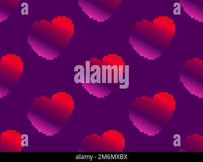 Seamless pattern with pixel hearts and gradient colors. Happy Valentine's Day. 8-bit hearts in retro video game style. Design for print, wrapping pape Stock Vector