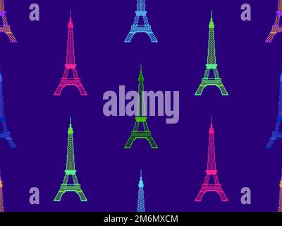 Seamless pattern with Eiffel tower in pixel art style. Set of 8-bit Eiffel Towers in retro video game style. Design for wallpaper, wrapping paper and Stock Vector
