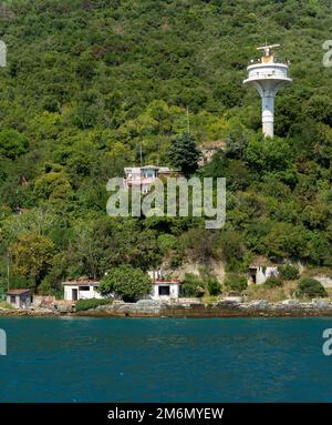 View from the sea of the green mountains of the European side of Bosphorus strait, Istanbul, Turkey, with white radar tower Stock Photo