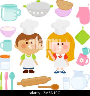 Children chefs with kitchen utensils. Kitchenware and tableware set for home cooking and baking. Vector Illustration Stock Vector