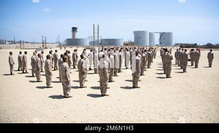 U.S. Marine Corps recruits with Bravo Company, 1st Recruit Training Battalion, warmup before the confidence course at Marine Corps Recruit Depot San Diego, May 3, 2022. The course challenged the recruits’ physical, mental, and spiritual confidence. Stock Photo
