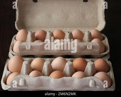 twenty chicken farm eggs with shells of beige tones in open cardboard packages close-up, food texture as a culinary background, organic protein food Stock Photo