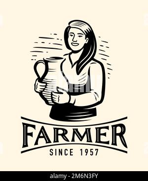 Happy young woman farmer or milkmaid with jug of fresh milk. Dairy, farm food and drink emblem. Vector illustration Stock Vector