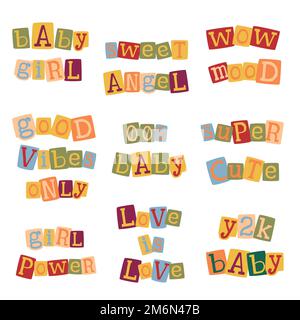 Y2k anonymous newspaper cutout letters in cute quote words. Colorful girly vintage phrases set. Stock Vector