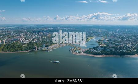 Scenic aerial view of Cheboksary, capital city of Chuvashia, Russia and a port on the Volga River on sunny summer day. Stock Photo