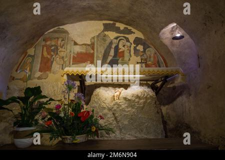 Nativity Cave in Santuario di Greccio erected by St. Francis. In this place the Holy gave birth to the first Christmas nativity scene Stock Photo