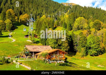 Grindelwald, Switzerland cable car cabins and autumn Alps Stock Photo