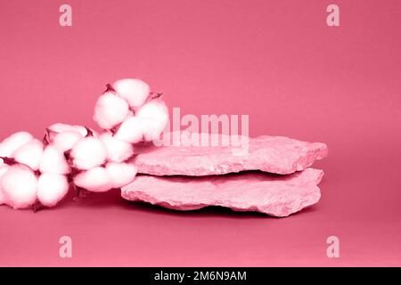 Stone Podium for promotion on Viva Magenta toned Background. Natural pedestal. Rock. Beauty product mockup. Scene to show products. Showcase, display Stock Photo