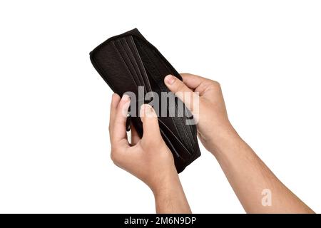 Empty wallet in hand isolated on white background with clipping path Stock Photo