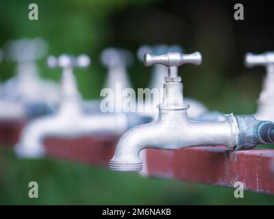 Brass water tap in nature background. Stock Photo