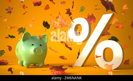 Piggy bank with white percent in autumn leaves Stock Photo