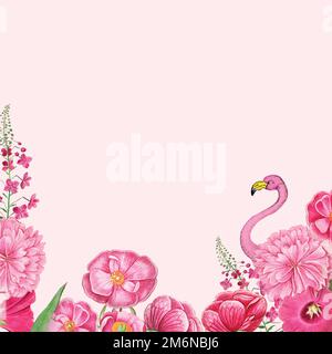 Vintage flowers and pink flamingo border frame vector Stock Vector