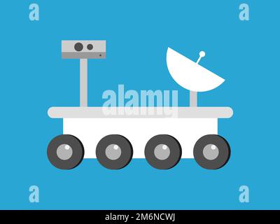 Space rover on blue background. Space exploration concept. Cartoon style. Mars on Lunar explorer with camera and communication equipment. Vector Stock Vector